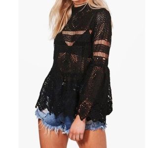 Boohoo Black Crochet Lace Peplum Bell Sleeve Top